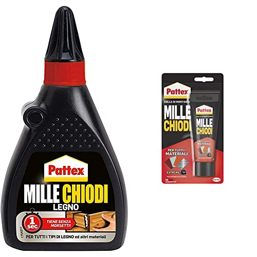Pattex Millechiodi Legno, Colla trasparente con presa a ventosa e non servono morsetti & Mille Chiodi Extreme, forte adesivo di montaggio, colla forte per interni e esterni