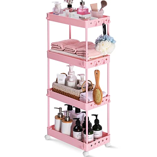 kingrack Carrito de Almacenamiento Delgado de 4 Niveles con Ruedas, 22 cm de Ancho, Carrito de Utilidad Deslizante para Cocina o Sala de Estar, Lugares Estrechos, etc., Rosa