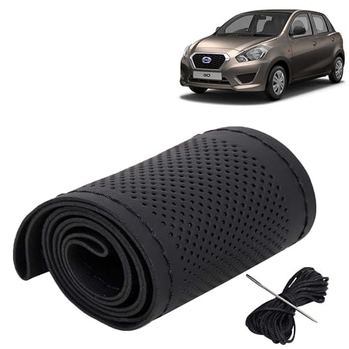 KINGSWAY® Car Steering Wheel Cover Sewable Compatible with Datsun Go (Year 2014 Onwards), Top-Notch PU Leatherite, Black Color with Black Thread, Pack of 1 with Sewing Needle and Thread