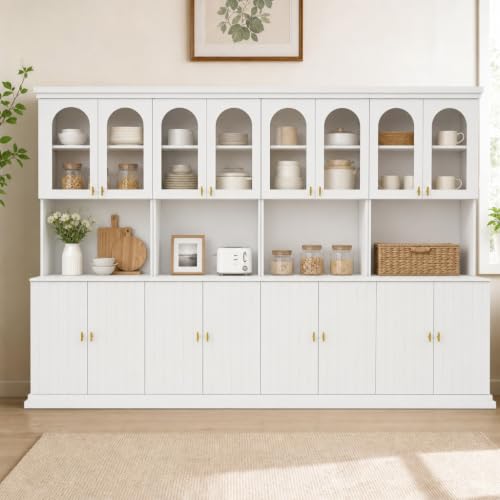 Image of ivaniti 71 inch Farmhouse Kitchen Pantry Cabinet Set of 4 with Arched Glass Doors, White Freestanding Coffee Bar Hutch with Microwave Stand and Adjustable Shelves for Kitchen