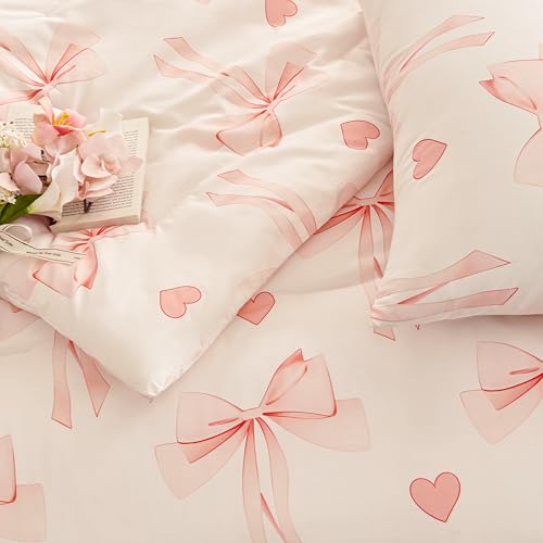 Image of Bow Duvet Cover King Size Pink Bowknot Heart Bedding Set 3 Pieces Kids Girls Cute Bows Soft Lightweight Microfiber Comforter Cover Set with Zipper Closure and 2 Pillowcases
