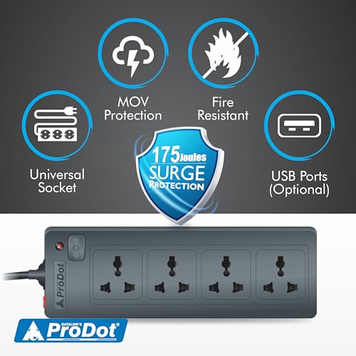 Image of Prodot 4 Universal Sockets Surge Protector with 2.5m Heavy-Duty Copper Cord | Up to 2500W (250V~10A) I 350 Joules Protection I Automatic Overload Protection I Shock-Proof ABS Body I Home & Office Use