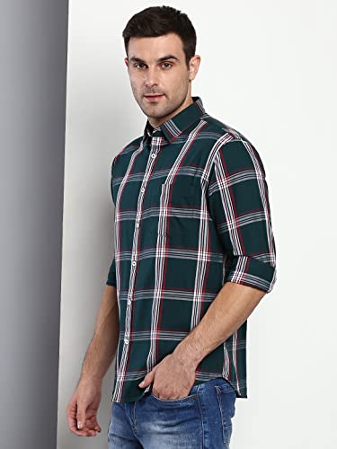 Image of Dennis Lingo Men's Checkered Bottle Slim Fit Cotton Casual Shirt with Spread Collar & Full Sleeves