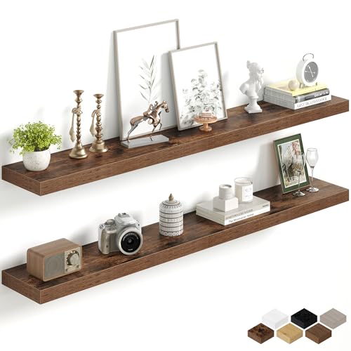 Image of Fun Memories 55Inch Long Floating Shelves, 8 Inch Deep Shelves for Bedroom|Living Room, Wall Mounted Wood Hanging Shelf with Invisible Brackets for Fireplace Mantel Home Storage Decor, Brown - 2 Pack