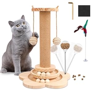 Interaktives Katzenspielzeug aus Holz,2-lagiger Drehteller Interaktives Katzen Spielzeug,3-in-1 Holzkugel-Katzenkarussell mit 40cm-hoher Kratzsäule,Rasselbällen & Feder für Katzen und Kätzchen