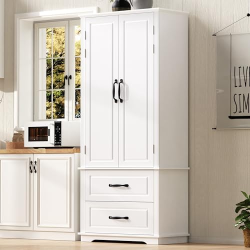 Image of Ball & Cast 71″Tall Kitchen Pantry Cabinet with Large Drawers,Versatile Farmhouse Wood Pantry Storage Cabinet w /8 Doors Shelves and Adjustable Shelves for Kitchen,Dining Room,White