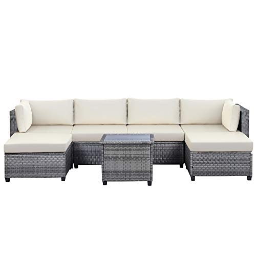 Patio Furniture Set 7 Pieces Outdoor Furniture Sectional Sofa With Seat Cushions And Table, All Weather Wicker Patio Conversation Sets With Ottoman For Backyard, Porch, Balcony, Poolside (Beige) #TOP2