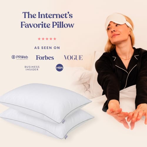 Image of FluffCo Zen Fluff Down Bed Pillows - Soft, Standard /Queen Size (1 Pack) | Comfortable Pillows For Side, Back & Stomach Sleepers - 600 Fill Power White Duck Down - 300 TC Cotton Shell - 20x26 In