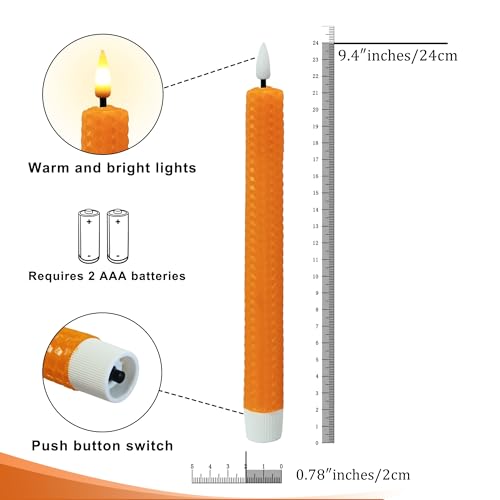 Image of Beeswax Honeycomb Flameless LED Taper Candles, 9.5 Inch Flickering Wax Candles with Remote & Timer, Orange Battery Operated Dripless Tapered Candle for Home Wedding Decor, 4 Pack