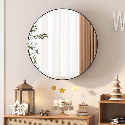 Mepplzian Spiegelschrank Rund, Schwarz Badezimmer Runder Spiegelschrank – Tempered HD-Spiegel & Holzschrank mit Trennebene, 3 Ablagefächern Runder Schrank für die Wand, 60 cm
