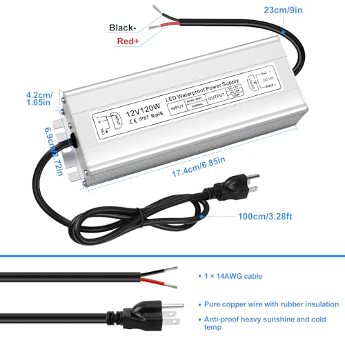 Image of LED Driver 120W 12V Power Supply, IP67 Waterproof Low Voltage Transformer, AC 80-265V to DC 12V 10A Converter for Outdoor Landscape Lighting and LED Strip Lights, 3-Prong Plug with 3.3FT Cable