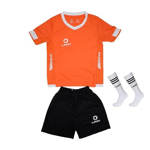Leoci Boy's Soccer Jersey Kids Unisex Girls Football Jersey/Shorts/Socks Kit Orange/Black #TOP10
