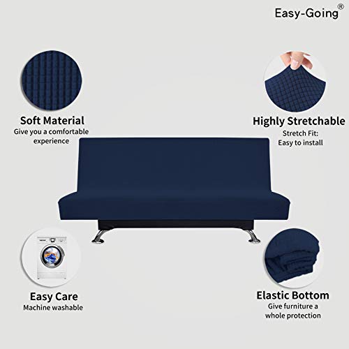 Image of Easy-Going Stretch Large Futon Slipcover Armless Futon Cover Navy | Sofa Bed Furniture Protector Without Armrests with Elastic Bottom for Kids, Soft Jacquard Machine Washable