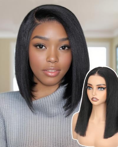 GUDOZO Bob Wig Human Hair Glueless Wigs Human Hair Pre Plucked Pre Cut Yaki Straight Human Hair Wig 180% Density 9x6 HD Lace Front Wigs for Black Women 14Inch