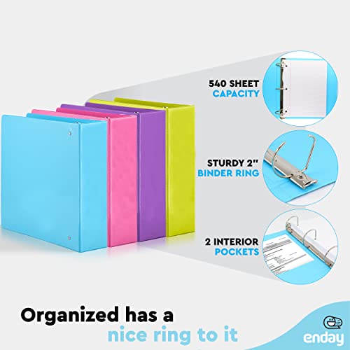 2 Inch Binder 3 Ring Binders, Slant D-Ring 2” Clear View Cover With 2 Inside Pockets, Heavy Duty Colored School Supplies Office And Home Binders Pink, Blue, Purple, Green (4 Pack) – By Enday #TOP2