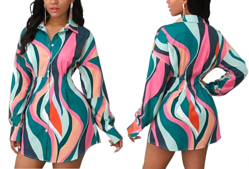 Image of Glozeplus Long Sleeve Button Down Collar Mini Shirt Dress for Women
