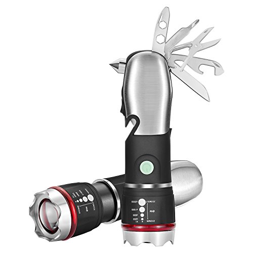 Fitfirst Linterna LED Multifunción de Mano Zoom Ajustable 3 Modos de Iluminación Inoxidable Herramientas Multifuncionales Martillo de Seguridad para Ciclismo, Camping, Montañismo, etc.