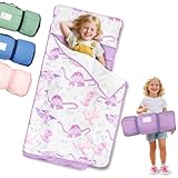 Primlect Lightweight Toddler Nap Mat Perfect for Warm Sleepers, Portable Sleeping Bag with Removable Pillow and Fleece Blanket, Washable, Great for 3 Seasons, Daycare, Preschool, Girls (Dinosaur)