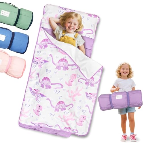 Primlect Lightweight Toddler Nap Mat, Portable Rolled Design Perfect for Daycare Travel, 51”x31 All-in-One Sleeping Bag with Removable Pillow and Fleece Blanket for Boys Girls, Machine Washable