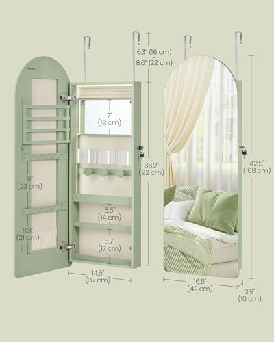 Image of SONGMICS Wide Jewelry Organizer, LED Jewelry Cabinet Wall /Door Mounted, Arched Mirror with Storage, Lockable, Rounded Corner, Interior Mirror, 3.9 x 16.5 x 42.5 Inches, Laurel Green UJJC020C01S