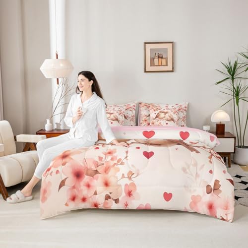 Image of Erosebridal Chickadee 7 Piece Comforter Set Full Bed in A Bag Pink Valentine Bedding Set for Girls Kids Love Heart Pattern Sheet Set with Comforter Heart Floral Spring Duvet Insert
