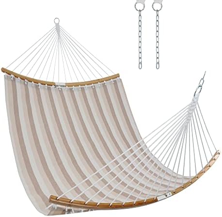 Lxoohy 12FT Curved Quick Dry Patio Double Hammock, Textilene 2 Person Hammock with Chains and Hooks Outdoor & Indoor 440lbs Capacity Spreader Bar Hammock, Beige Stripe