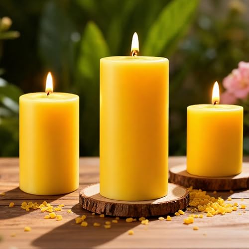 3 Pack Natural Beeswax Pillar Candles Long Burning Unscented Pure Beeswax Candles Set Smokeless Dripless Organic Pillar Candles Bulk for Home Decor Prayer Emergency 2x2in 2x3in 2x4in