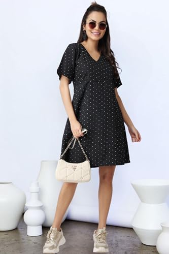 Image of POPWI1NGS Casual Printed V-Neck Short Sleeves Knee-Length Fit and Flare Dress for Women || Frokc-Style Summer Wear Dresses for Women || Loose-Fit Comfortable Women Dress for Regular Wear