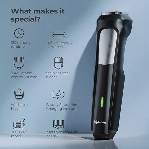Image of Lifelong All in One Trimmer for Men | 12-in-1 Shaving Kit for Man | Multi Razor Precision Beard, Nose, Body, Private Parts | Full Body Shaver | Best Grooming Gifts | 7Combs | 120Min Runtime | 9000RPM