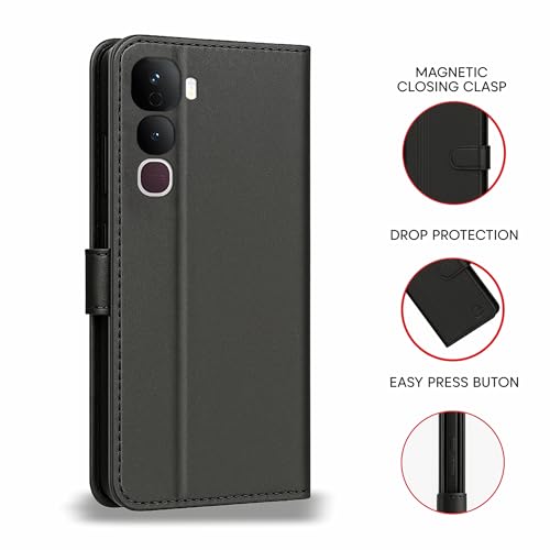 Image of AIBEX Shock Proof Flip Compatible for Vivo Y400 Pro 5G Flip Cover Leather Finish | Inside TPU with Card Pockets | Wallet Stand | Complete Protection Flip Case - Black