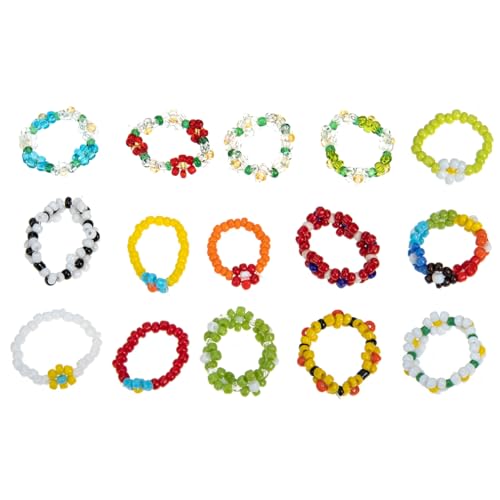 [iplusmile] ビーズリング 指輪 15個セット フラワー 花 モチーフ ビーズ アクセサリー レディース 韓国 レトロ かわいい 伸縮 ゴム リング 重ね付け 友情リング プレゼント (カラフル) - iplusmile - 商品画像