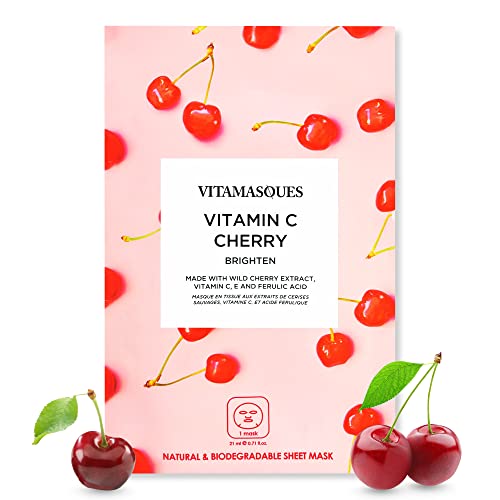 Vitamin C Cherry Face Sheet Mask By Vitamasques - 7 Pack - Brightens, Protects & Boosts Hydration With Antioxidants, Vitamin C And Ferulic Acid - Natural & Biodegradable - Vegan, Free From Parabens & Gluten #TOP7