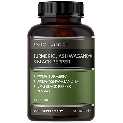 Premium Ashwagandha 500mg, Turmeric 700mg & Organic Black Pepper Capsules - 2 Months Supply - Derived from High Strength Root Extract Powder - Made in The UK by Project Nutrition
