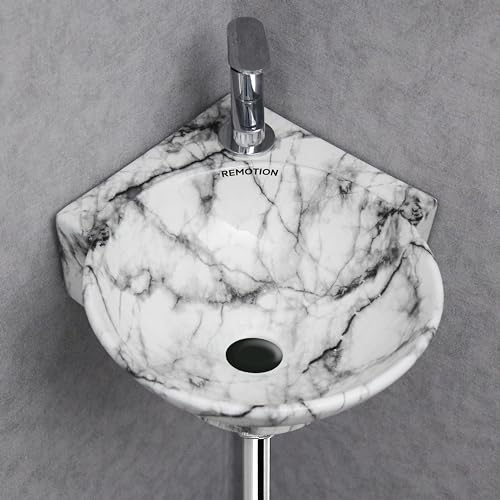 Image of REMOTION Wall Mounted Wash Basin for Bathroom | Wall Hung Corner Sink | Ceramic Round Wall Hung Wash Basin | Wall Hung Small Corner Basin (16.3 x 13.8 x 4.3 Inch) (White Black Stripe)