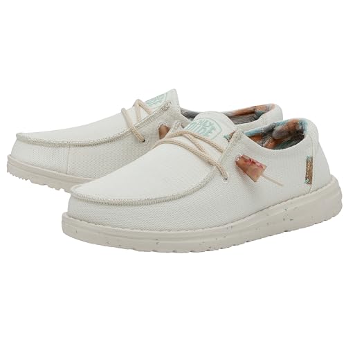Image of HEYDUDE Women's Wendy Knit Slip On Shoe, White Size 9 | Lightweight Casual Loafer with Elastic Laces and Flex & Fold Outsole