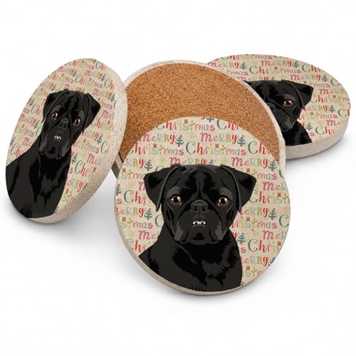 Caroline's Treasures Pug Black #2 Christmas Large Sandstone Coasters Pack of 4 Absorbent Round Coasters Decor Gifts for Men or Women, 4 in, Multicolor
