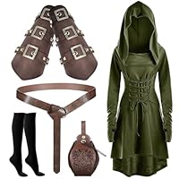 5 Pcs Renaissance Women Costume Medieval Fairy Dresses Hooded Robe Vintage Faux Leather Arm Pouch Belt for Halloween (Large)