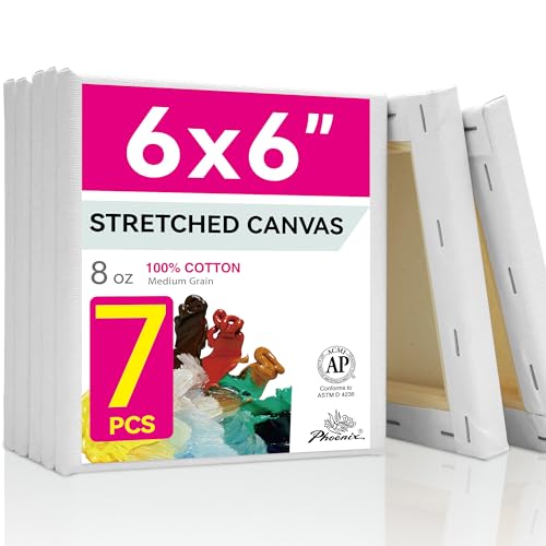 PHOENIX Small Stretched Canvas for Painting 6x6 Inch/7 Value Pack, 8 Oz Triple Primed 5/8 Inch Profile 100% Cotton White Blank Canvas, Square Framed Canvas for Oil Acrylic & Pouring Art