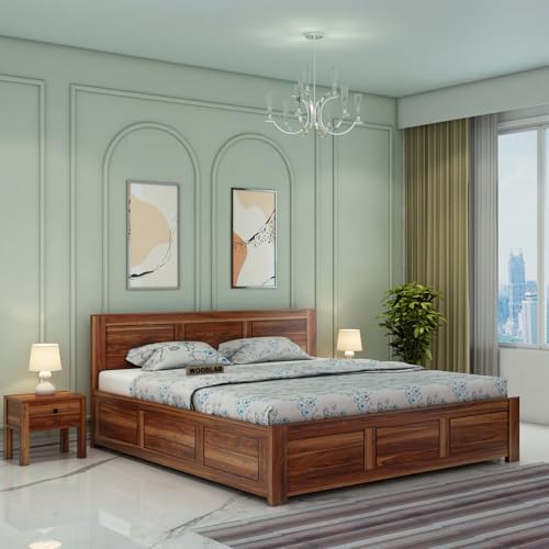 Image of WOODLAB Solid Sheesham Wood King Size Bed with Box Storage | Wooden Double Bed Cot for Bedroom | Heavy Duty Palang Bed Furniture | Modern Honey Finish