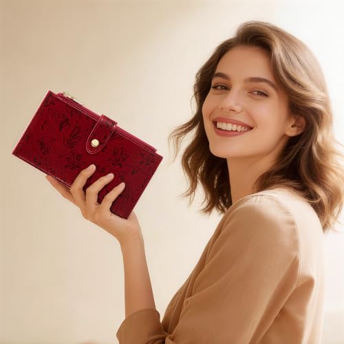 Image of Travelambo Womens Leather Bifold Wallet, Slim RFID Blocking Card Holder
