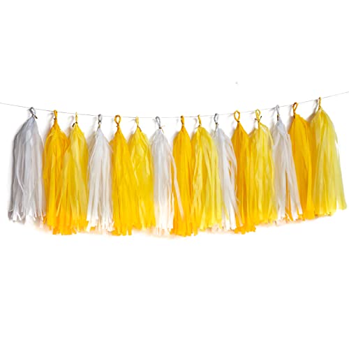Yellow and White Tassel Garland Paper Tissue Tassels Garland for Party Decorations, Pack of 15 Yellow and White Tassel Garland Paper Tissue Tassels Garland for Party Decorations, Pack of 15