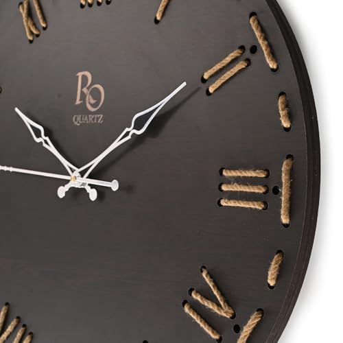 Image of Wooden Round Shape Roman Dial Wall Clock with Silver Hands & Golden Jute Rope Detailing | Silent Quartz Movement Anti Reflection Analog Vintage Clock for Home & Office (Black, 15.5 Inch)