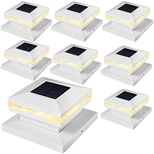 Viewsun 8 Pack Solar Post Cap Lights, Outdoor Fence Solar Powered White Shell Caps for Deck, Patio, Garden Decor, Warm White High Brightness SMD LED Lighting, Lamp Fits for 4x4 or 6x6 Wooden Posts