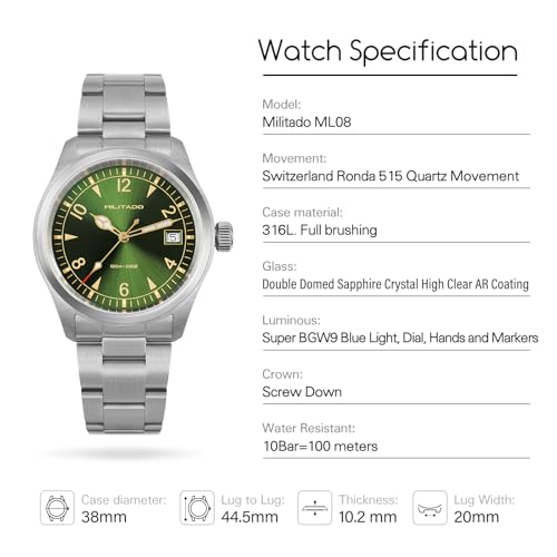 Image of TACTICAL FROG Militado ML08 Field Watch Japanese Sweep VH31 / 515 Movt with Calendar, Men's Military Watch Sapphire Crystal 10 ATM Waterproof Analog Watches for Men