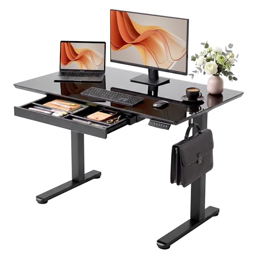 Image of YDN Glass Standing Desk with Drawer, 48 x 24 Inches Electric Adjustable Height Desk, Sit Stand Home Office Desk with Tempered Glass Top, 4 Memory Presets Ergonomic Computer Desk, Black