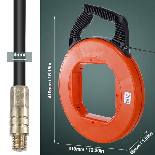 Kabeleinziehhilfe 30M für Leerrohre, Hancaner Hochwertige Einziehspirale inkl Adapter - Zugdraht für Leerrohre mit Bruchsicherem Kabel, Kabeleinziehgerät mit Kunststoffgehäuse und Handgriff