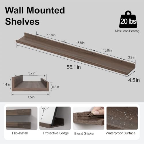 Image of Walnut Floating Shelves for Wall Decor, 56 in Shelf with Lip, 2 Set