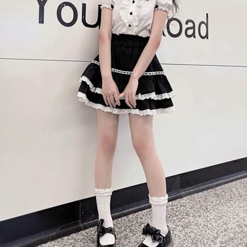 Pokn Women Harajuku Lolita Fashion Kawaii Goth Clothes Elastic High Waist A-Line Vintage Lace Layered Short Skirt4