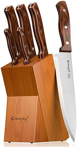 Emojoy Kitchen Knife Set,Knife Set for Kitchen with Block 6 Pcs High Carbon Stainless Steel Wooden Handle Knife Block Set without Steak Knives…