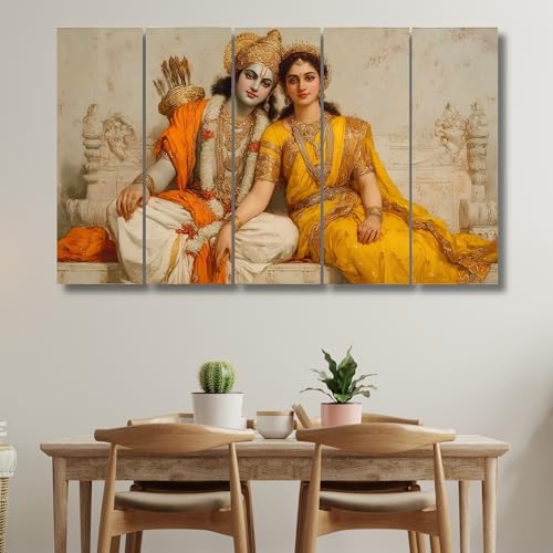Image of Nozvera Radha Krishna Wall Painting for Living Room Big Size 48 x 24 Inch | 5 Panel Premium MDF Wall Art | UV Printed Sparkle Laminated Waterproof Wall Decor | Religious Home Decoration Items